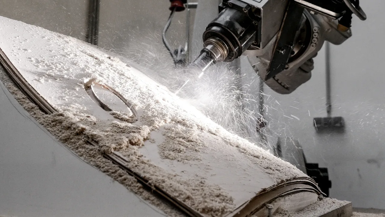 A robotic milling spindle carving a sculptural surface